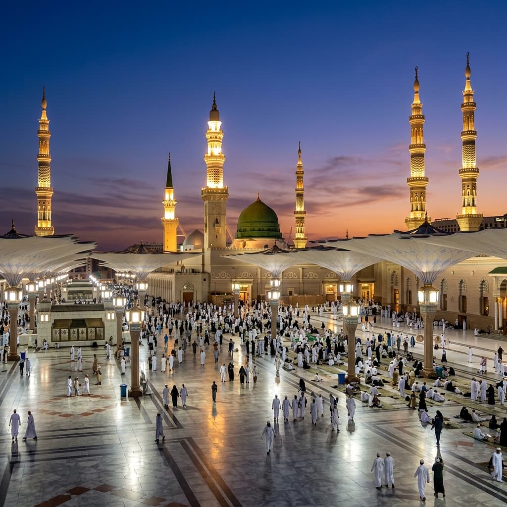 Prophet's Mosque Masjid an-Nabawi at dusk in Madinah